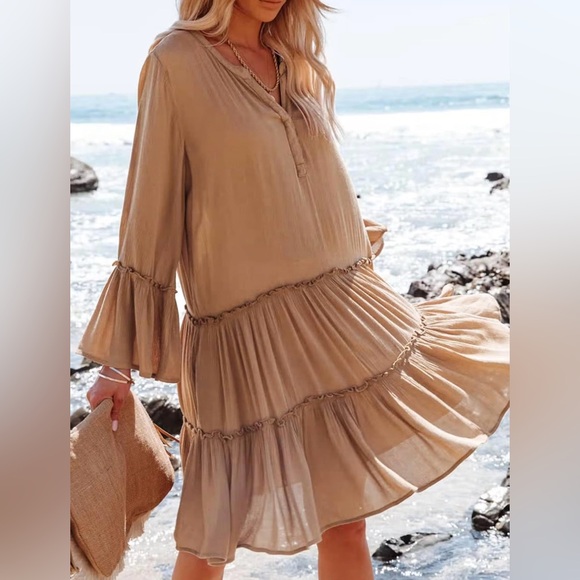 Moss Rose Women's Summer Button Down V Neck Casual Loose Flowy Tunic Dress - Picture 4 of 9